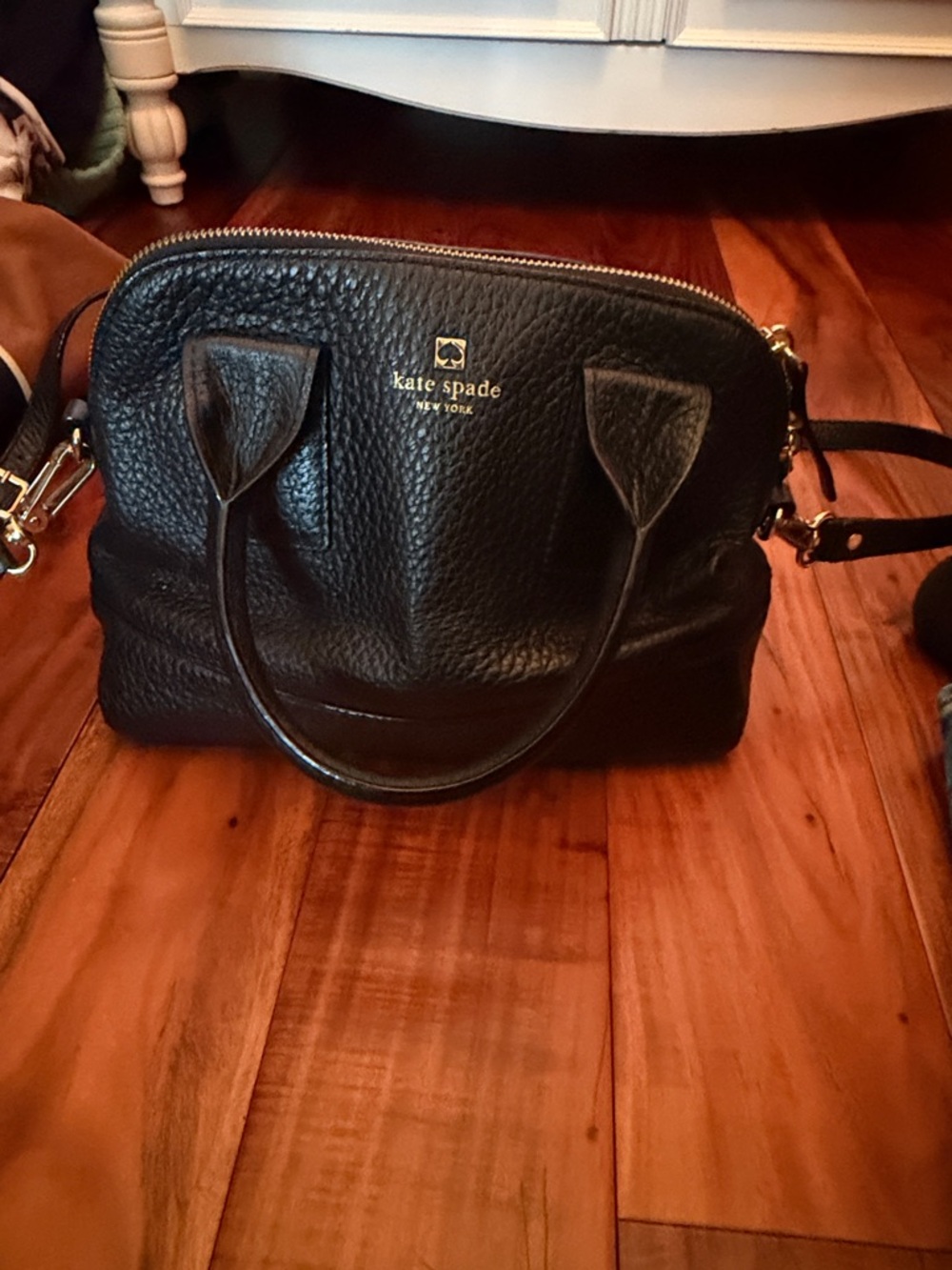 kate spade black pebbled leather satchel with gold logo